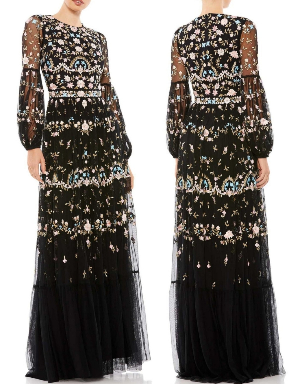 Mac Duggal 35111 Black Multicolor Tulle Floral Embroidered Maxi Dress Gown 4 NWT
